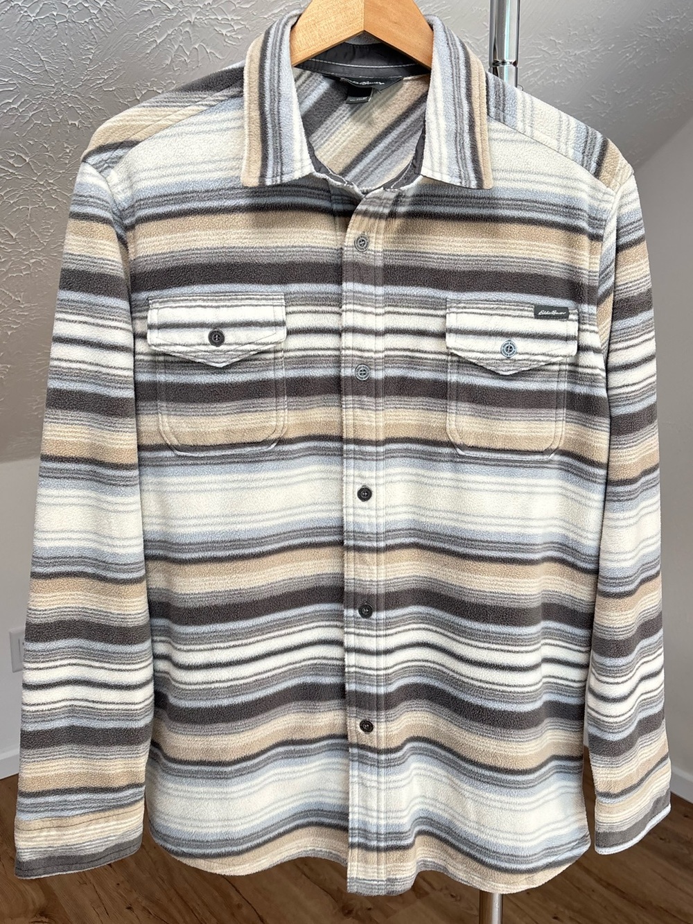 Eddie Bauer grey ivory striped fleece button down. Men's medium